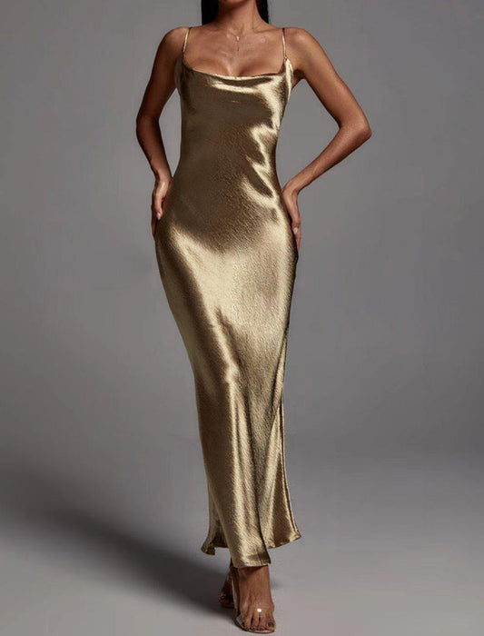 Satin Halter Backless Maxi Dress