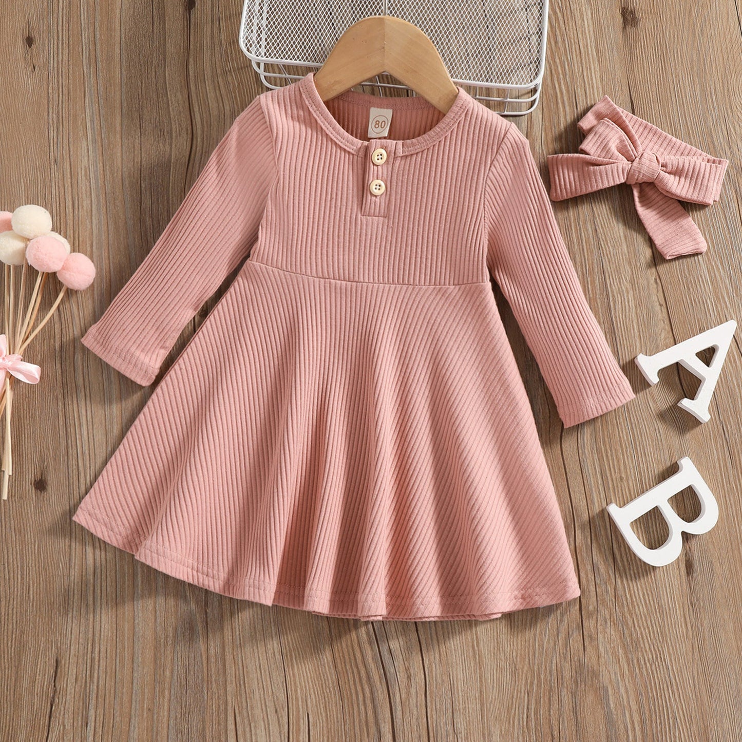 Button-Front Ribbed Long-Sleeve Midi Dress (Kids)