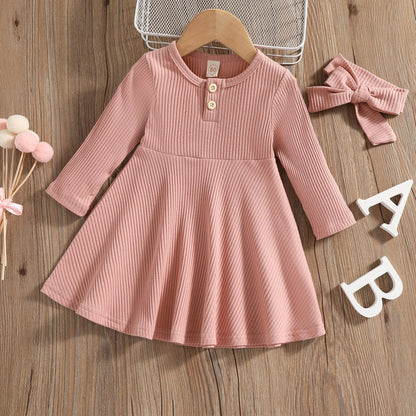 Button-Front Ribbed Long-Sleeve Midi Dress (Kids)