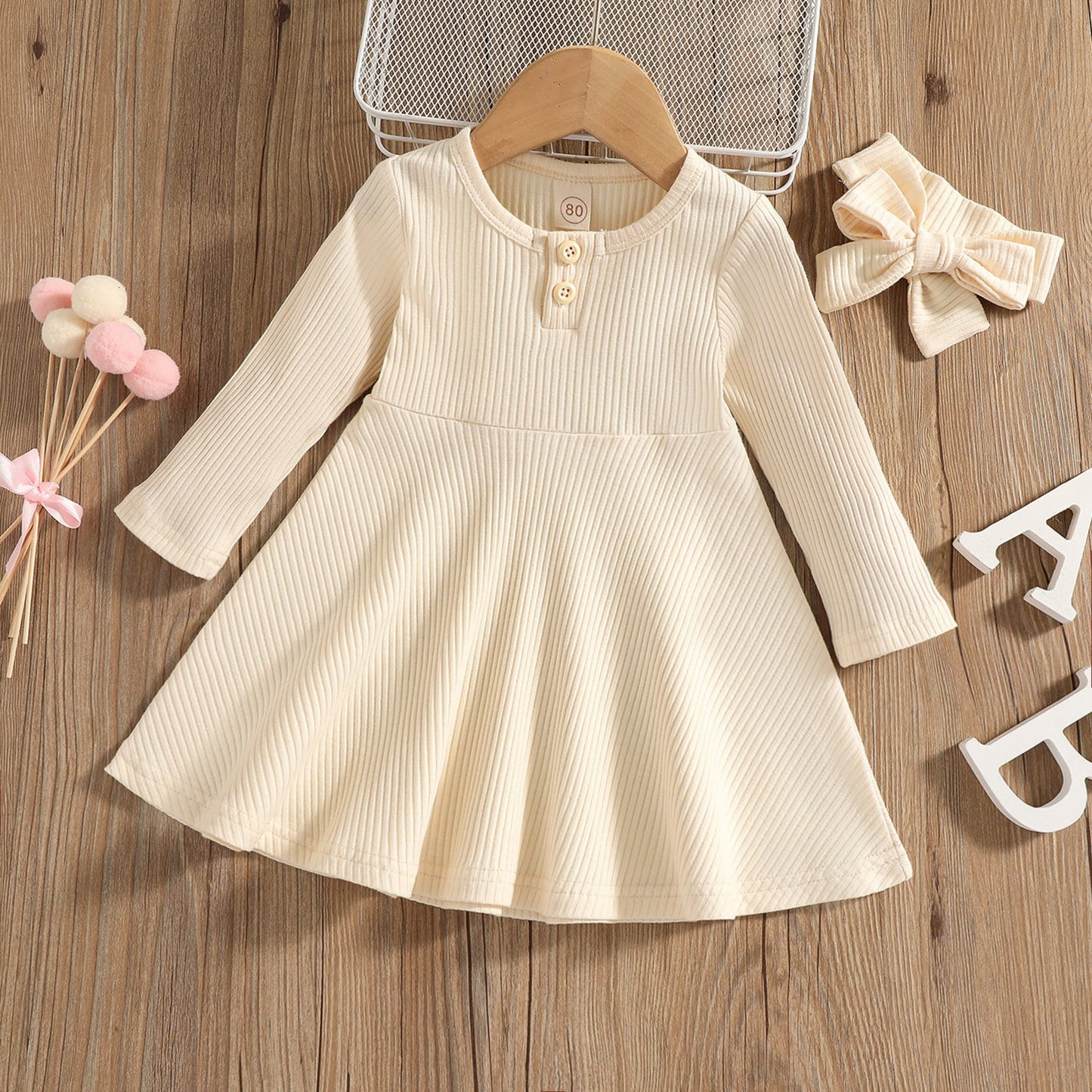Button-Front Ribbed Long-Sleeve Midi Dress (Kids)