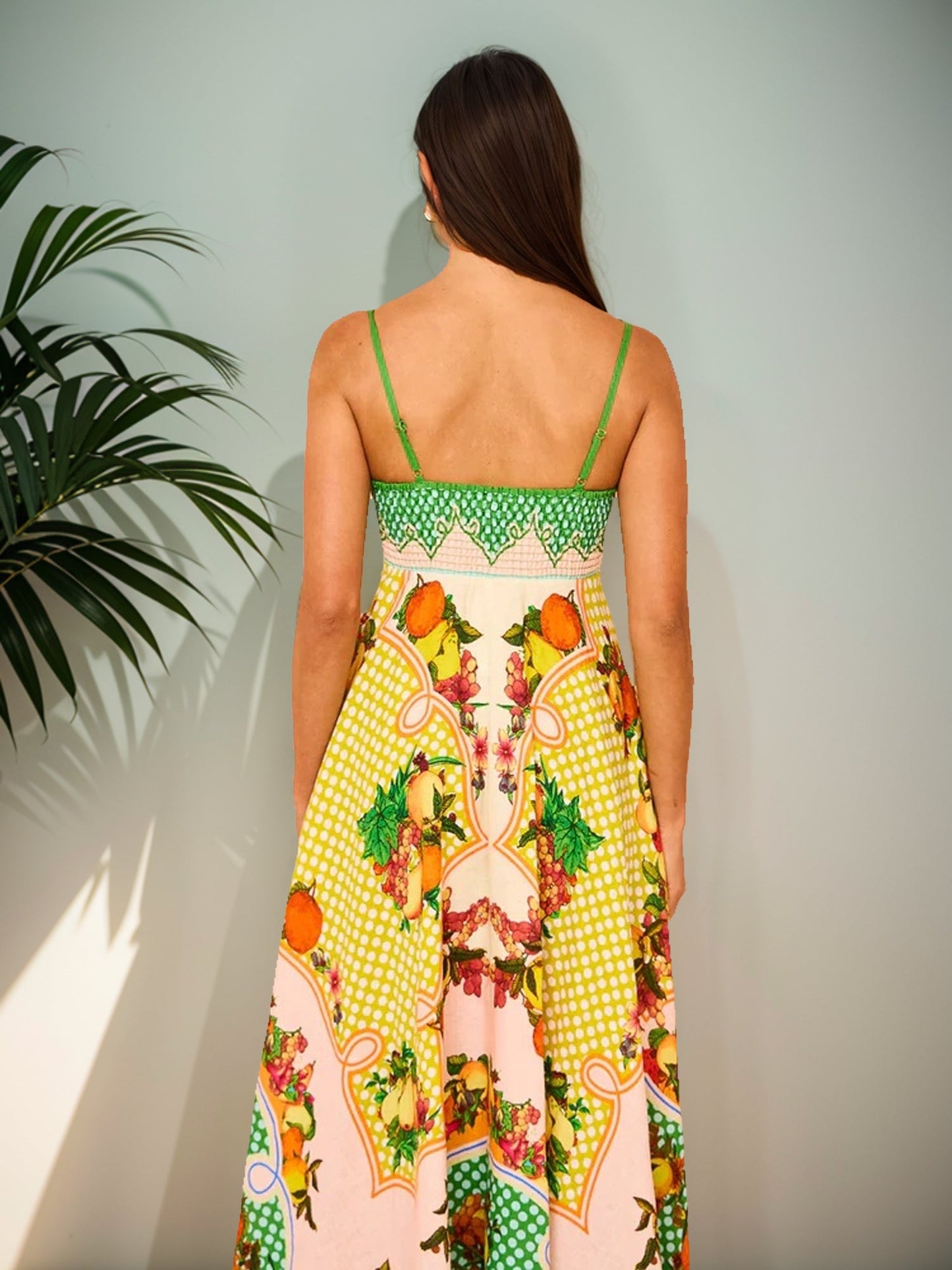 Graphic Print Smocked Maxi Cami Dress