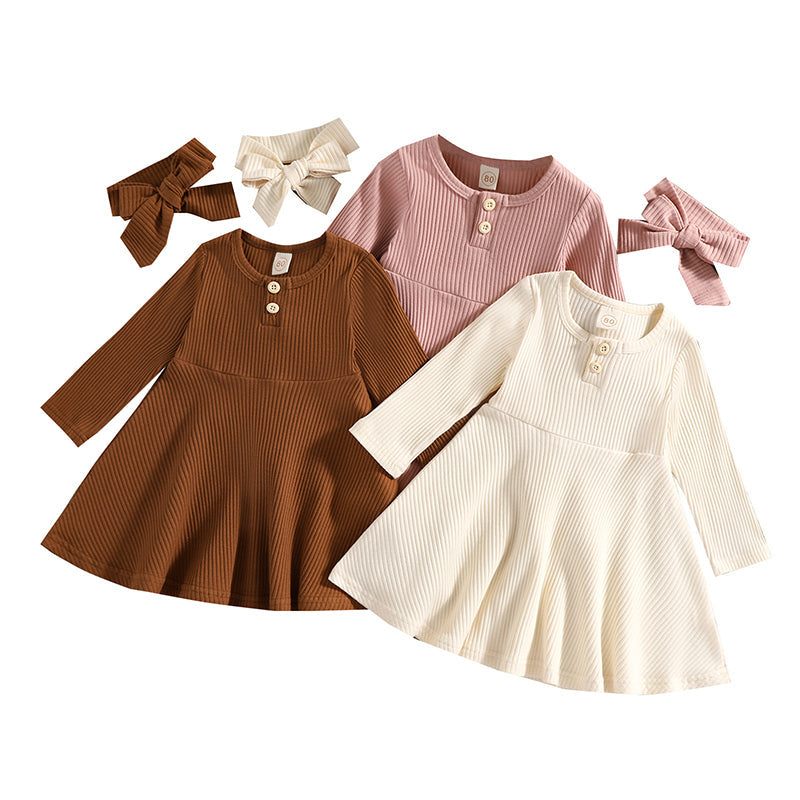 Button-Front Ribbed Long-Sleeve Midi Dress (Kids)