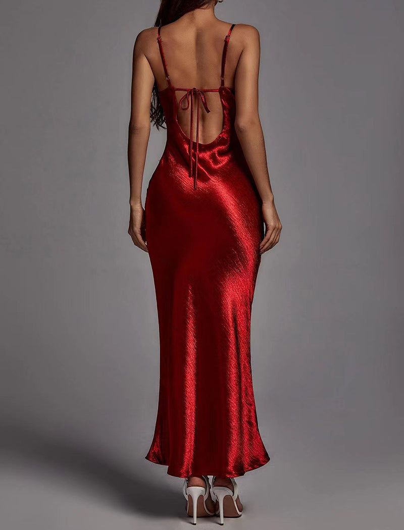Satin Halter Backless Maxi Dress
