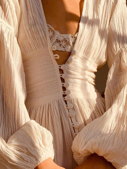 V-Neck Smocked Slit Maxi Dress