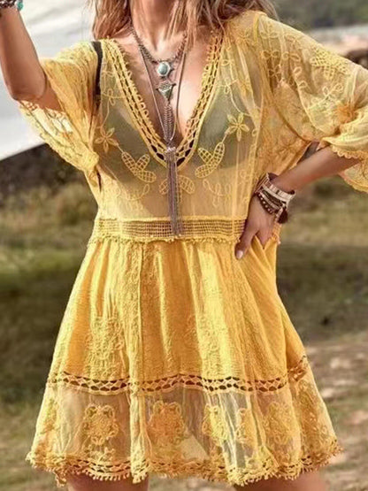 Deep V-Neck Sheer Lace Mini Dress [NON-RETURNABLE]