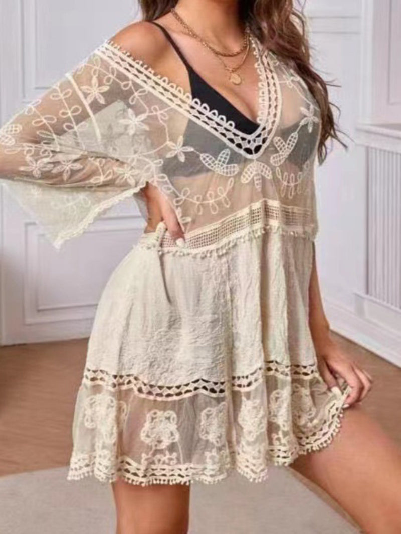 Deep V-Neck Sheer Lace Mini Dress [NON-RETURNABLE]