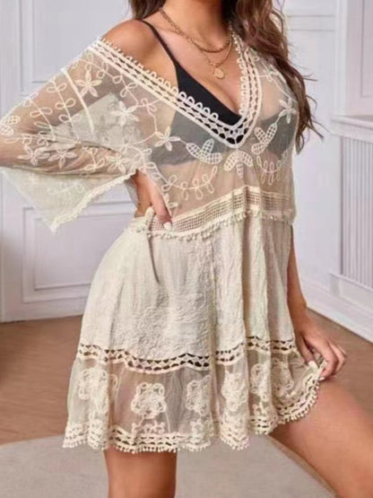 Deep V-Neck Sheer Lace Mini Dress [NON-RETURNABLE]