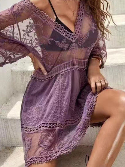 Deep V-Neck Sheer Lace Mini Dress [NON-RETURNABLE]