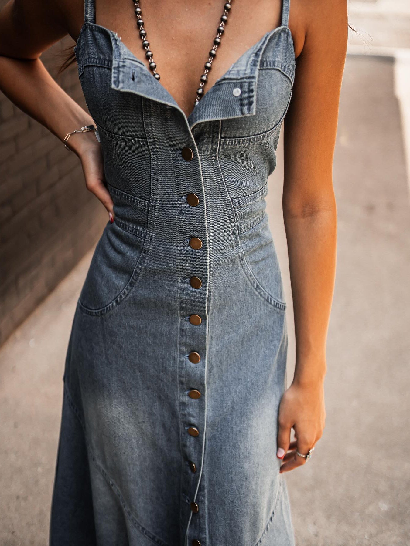 Button-Front Denim Maxi Dress